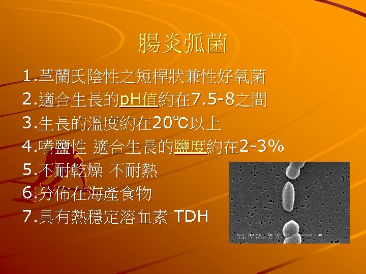 腸炎弧菌 1. 革蘭氏陰性之短桿狀兼性好氧菌 2. 適合生長的p. H值約在 7. 5 -8之間 3. 生長的溫度約在 20℃以上 4. 嗜鹽性