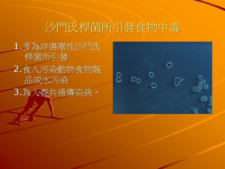沙門氏桿菌所引發食物中毒 1. 多為非傷寒性沙門氏 桿菌所引發 2. 食入污染動物食物製 品或水污染 3. 為人畜共通傳染病。 