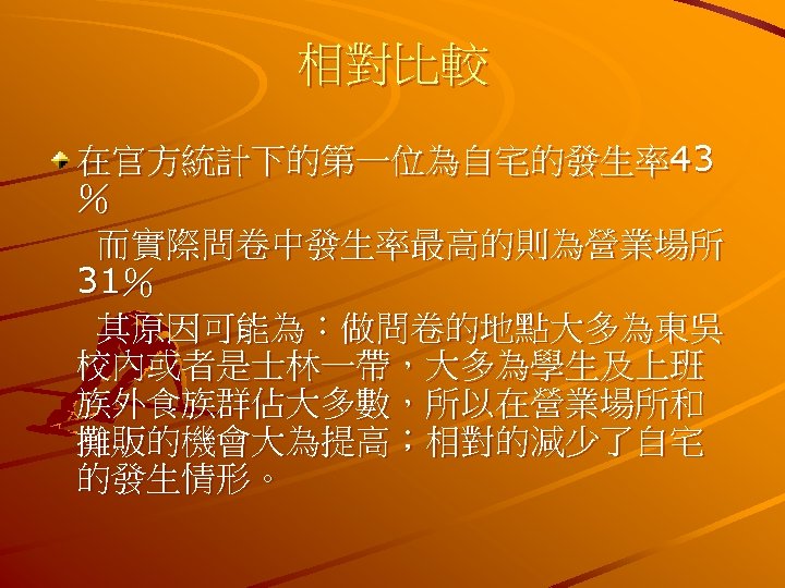 相對比較 在官方統計下的第一位為自宅的發生率43 ％ 而實際問卷中發生率最高的則為營業場所 31％ 其原因可能為：做問卷的地點大多為東吳 校內或者是士林一帶，大多為學生及上班 族外食族群佔大多數，所以在營業場所和 攤販的機會大為提高；相對的減少了自宅 的發生情形。 