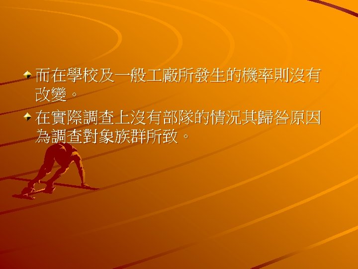 而在學校及一般 廠所發生的機率則沒有 改變。 在實際調查上沒有部隊的情況其歸咎原因 為調查對象族群所致。 