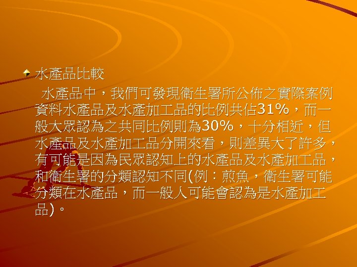 水產品比較 水產品中，我們可發現衛生署所公佈之實際案例 資料水產品及水產加 品的比例共佔 31%，而一 般大眾認為之共同比例則為 30%，十分相近，但 水產品及水產加 品分開來看，則差異大了許多， 有可能是因為民眾認知上的水產品及水產加 品， 和衛生署的分類認知不同(例：煎魚，衛生署可能 分類在水產品，而一般人可能會認為是水產加 品)。