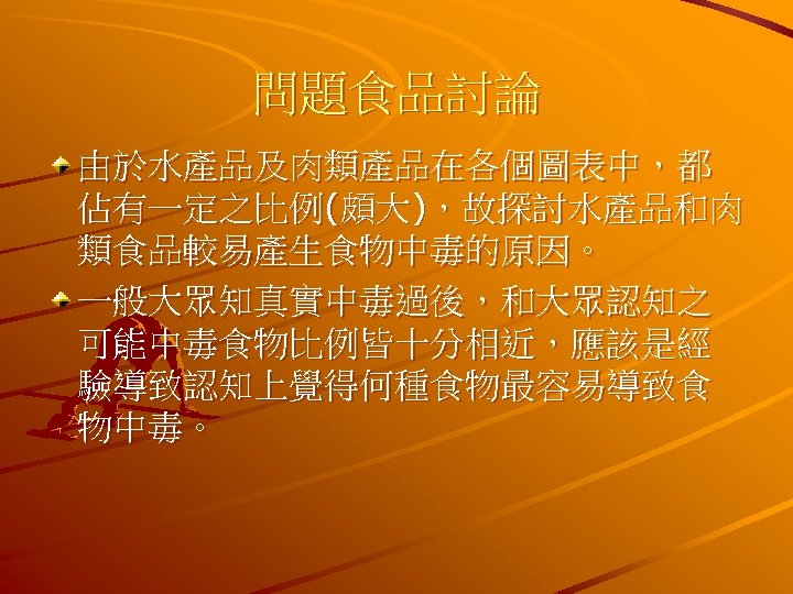 問題食品討論 由於水產品及肉類產品在各個圖表中，都 佔有一定之比例(頗大)，故探討水產品和肉 類食品較易產生食物中毒的原因。 一般大眾知真實中毒過後，和大眾認知之 可能中毒食物比例皆十分相近，應該是經 驗導致認知上覺得何種食物最容易導致食 物中毒。 