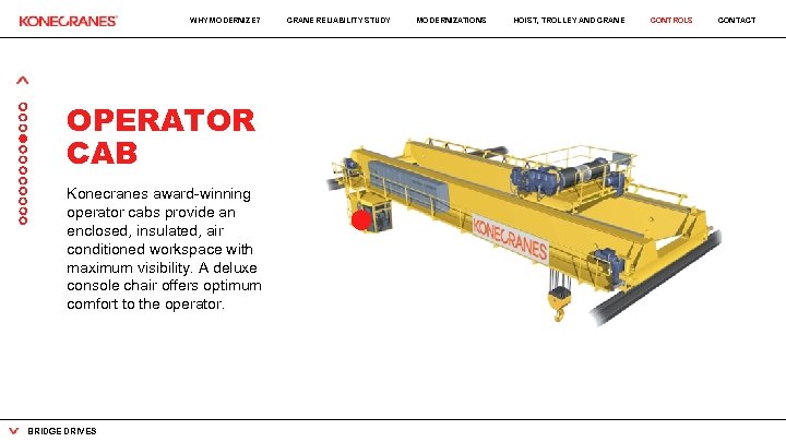 WHY MODERNIZE? OPERATOR CAB Konecranes award-winning operator cabs provide an enclosed, insulated, air conditioned