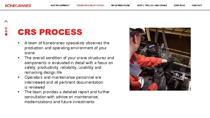 WHY MODERNIZE? CRANE RELIABILITY STUDY MODERNIZATIONS CRS PROCESS • • A team of Konecranes