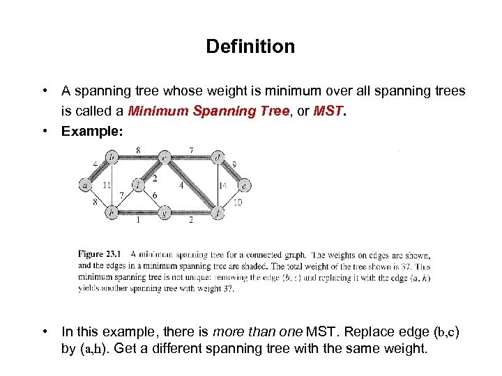 Definition • A spanning tree whose weight is minimum over all spanning trees is