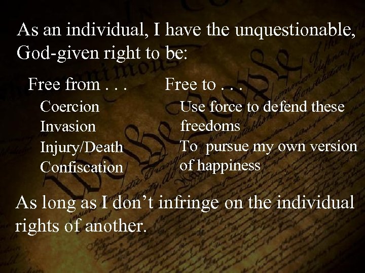 As an individual, I have the unquestionable, God-given right to be: Free from. .