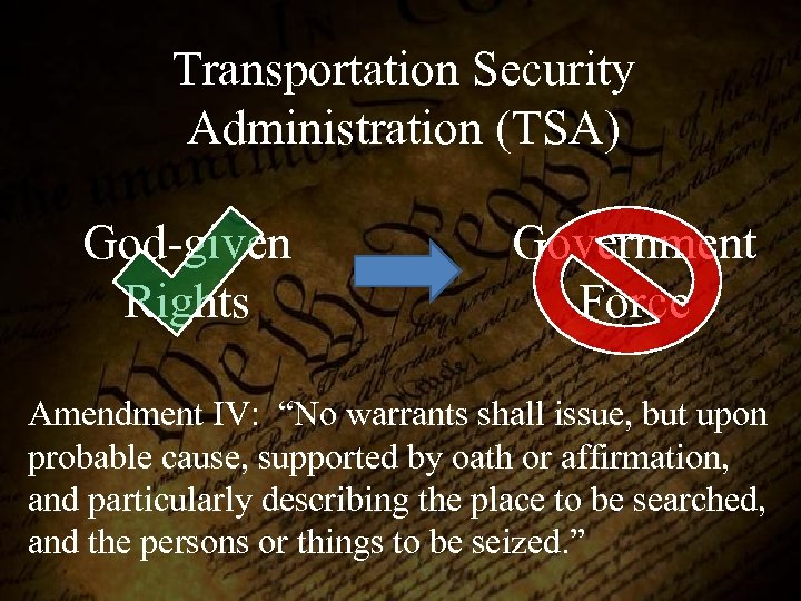Transportation Security Administration (TSA) God-given Rights Government Force Amendment IV: “No warrants shall issue,