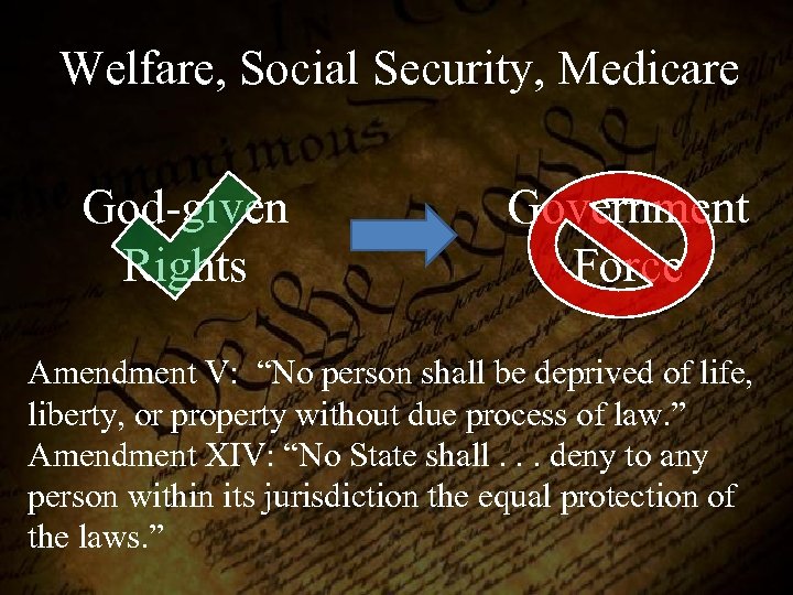 Welfare, Social Security, Medicare God-given Rights Government Force Amendment V: “No person shall be