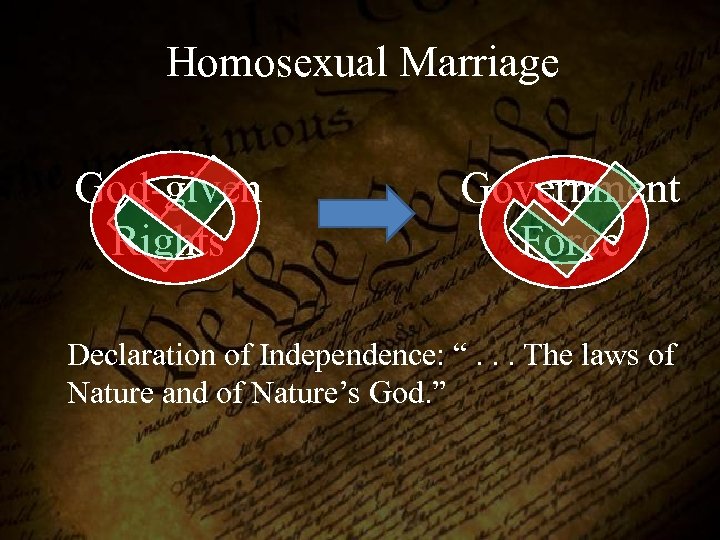 Homosexual Marriage God-given Rights Government Force Declaration of Independence: “. . . The laws