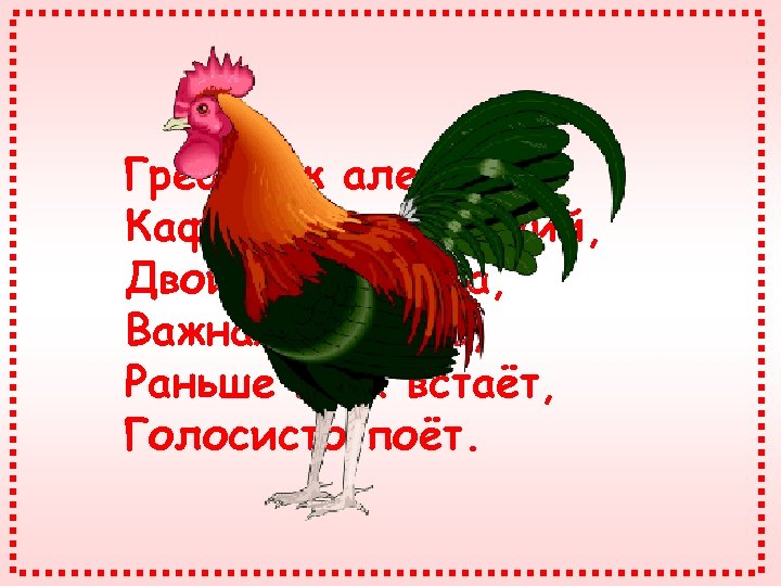 Гребешок аленький, Кафтанчик рябенький, Двойная бородка, Важная походка, Раньше всех встаёт, Голосисто поёт. 