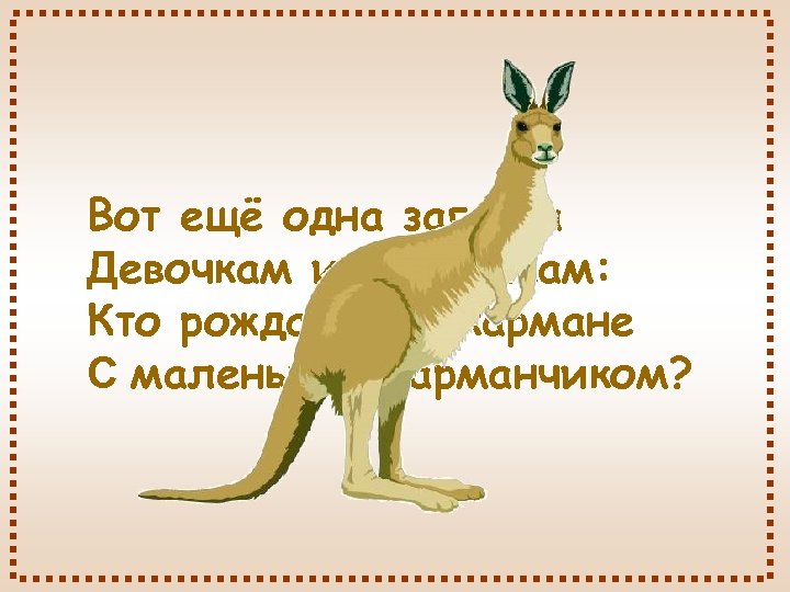 Вот ещё одна загадка Девочкам и мальчикам: Кто рождается в кармане С маленьким карманчиком?
