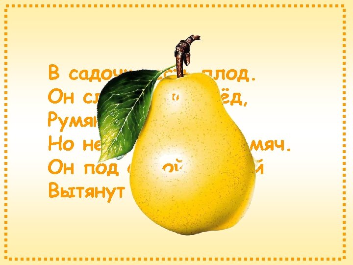 В садочке есть плод. Он сладок, как мёд, Румян, как калач, Но не круглый,