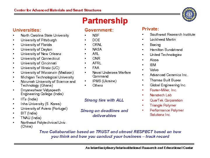 Center for Advanced Materials and Smart Structures Partnership Universities: Government: • • • North