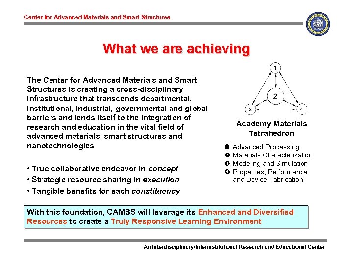 Center for Advanced Materials and Smart Structures What we are achieving The Center for