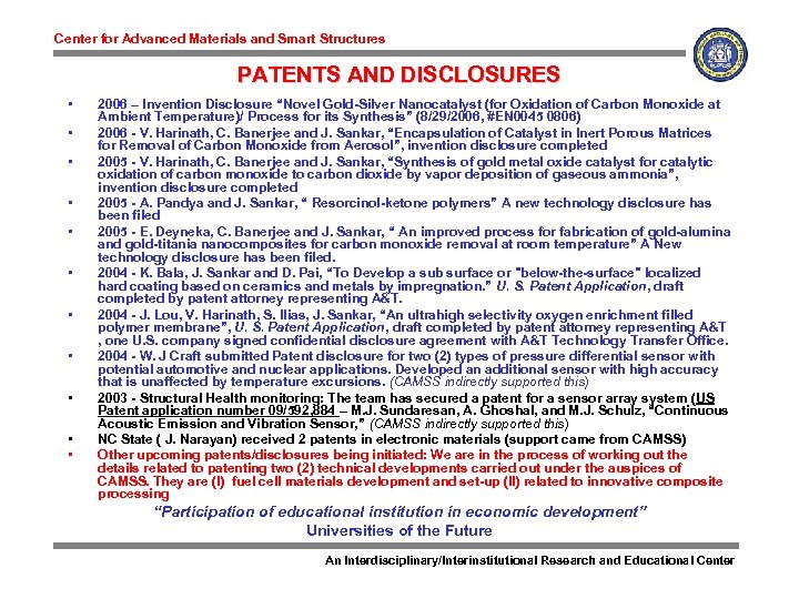 Center for Advanced Materials and Smart Structures PATENTS AND DISCLOSURES • • • 2006