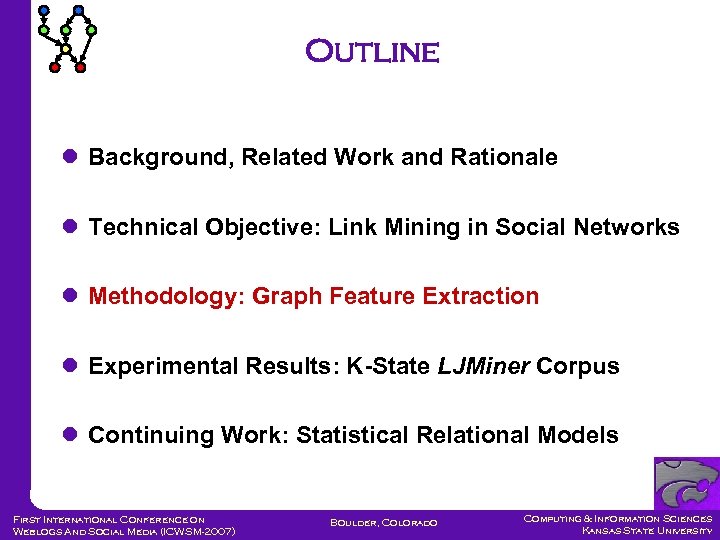 Outline Background, Related Work and Rationale Technical Objective: Link Mining in Social Networks Methodology: