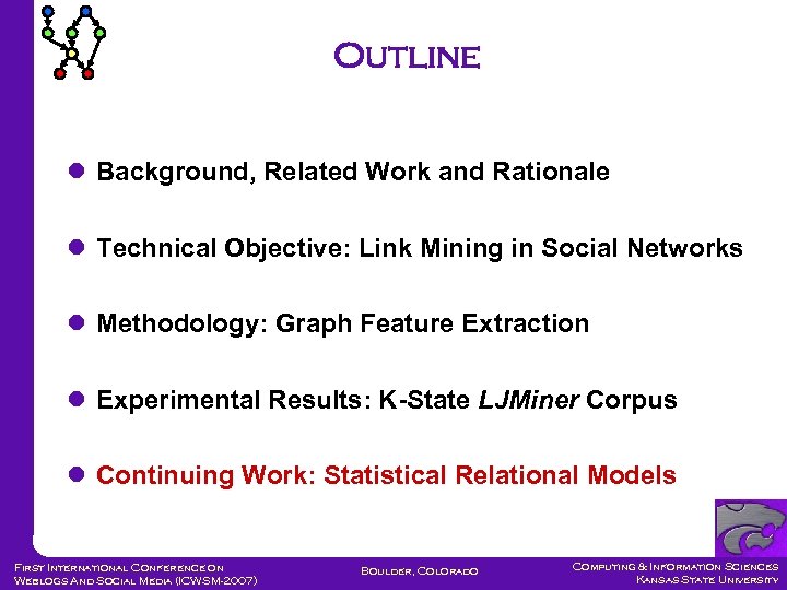 Outline Background, Related Work and Rationale Technical Objective: Link Mining in Social Networks Methodology: