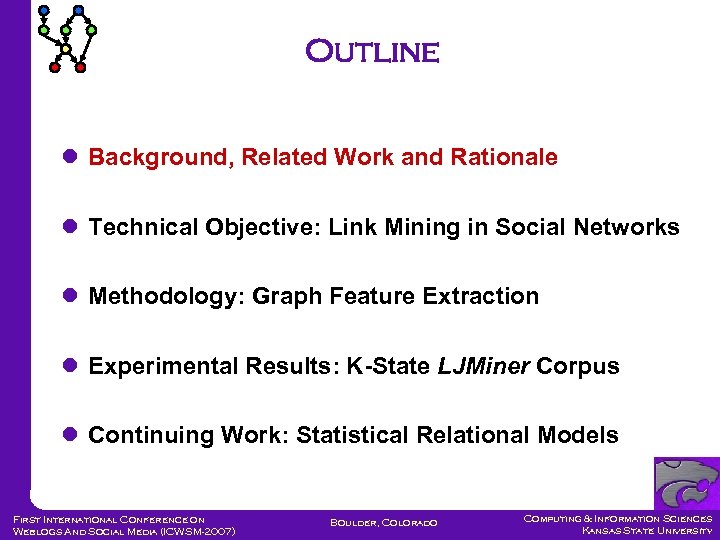 Outline Background, Related Work and Rationale Technical Objective: Link Mining in Social Networks Methodology:
