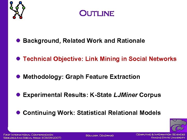 Outline Background, Related Work and Rationale Technical Objective: Link Mining in Social Networks Methodology: