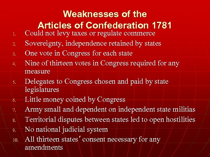 Weaknesses of the Articles of Confederation 1781 1. 2. 3. 4. 5. 6. 7.