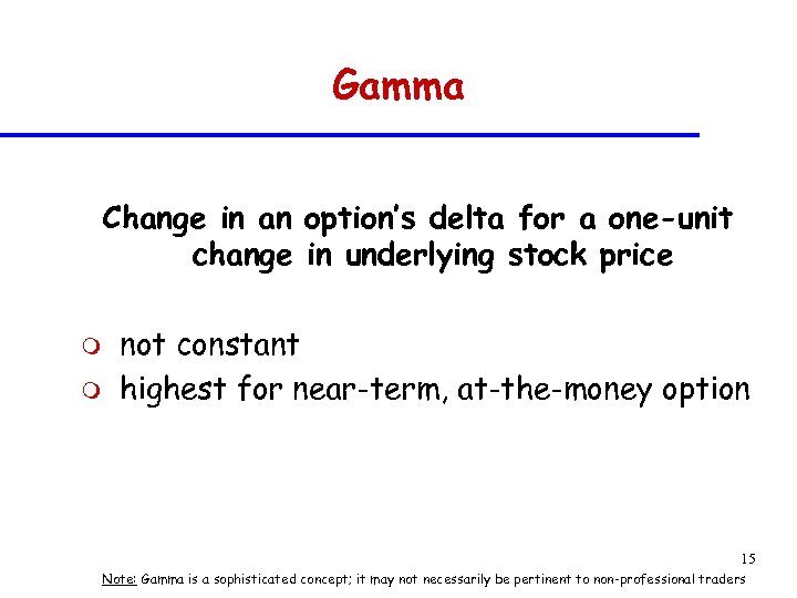 Gamma Change in an option’s delta for a one-unit change in underlying stock price