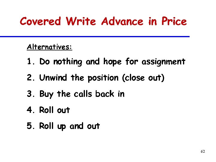 Covered Write Advance in Price Alternatives: 1. Do nothing and hope for assignment 2.