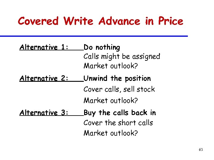 Covered Write Advance in Price Alternative 1: Do nothing Calls might be assigned Market