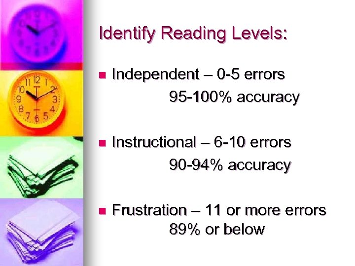 Identify Reading Levels: n Independent – 0 -5 errors 95 -100% accuracy n Instructional