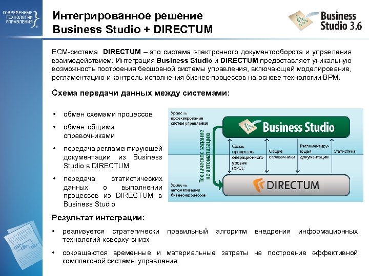 Интегрированное решение Business Studio + DIRECTUM ECM-система DIRECTUM – это система электронного документооборота и