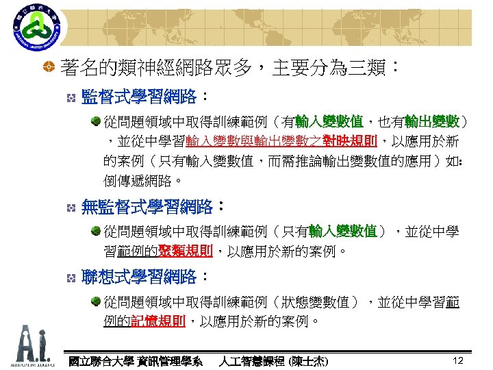 著名的類神經網路眾多，主要分為三類： 監督式學習網路 從問題領域中取得訓練範例（有輸入變數值，也有輸出變數） 輸入變數值 輸出變數 ，並從中學習輸入變數與輸出變數之對映規則，以應用於新 對映規則 的案例（只有輸入變數值，而需推論輸出變數值的應用）如: 倒傳遞網路。 無監督式學習網路： 無監督式學習網路 從問題領域中取得訓練範例（只有輸入變數值），並從中學 輸入變數值 習範例的聚類規則，以應用於新的案例。