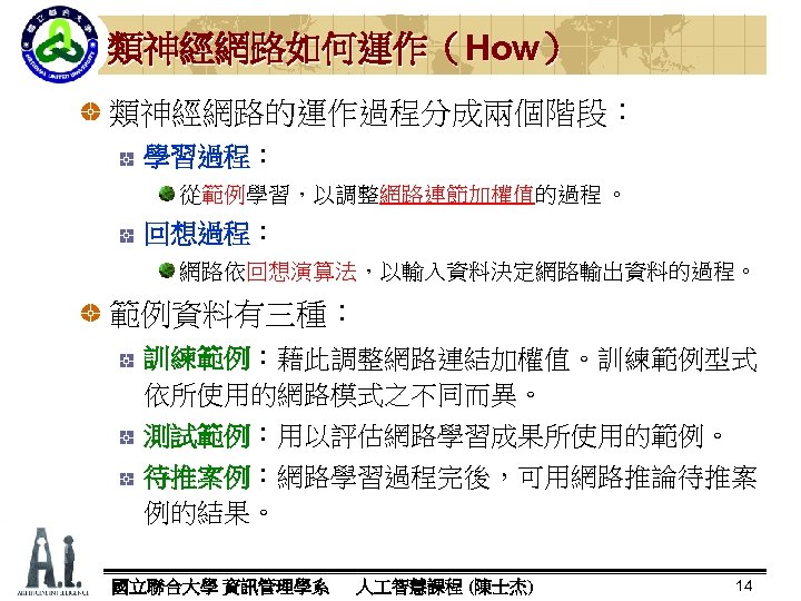 類神經網路如何運作（How） 類神經網路的運作過程分成兩個階段： 學習過程 從範例學習，以調整網路連節加權值的過程 。 回想過程： 回想過程 網路依回想演算法，以輸入資料決定網路輸出資料的過程。 範例資料有三種： 訓練範例：藉此調整網路連結加權值。訓練範例型式 訓練範例 依所使用的網路模式之不同而異。 測試範例：用以評估網路學習成果所使用的範例。 測試範例