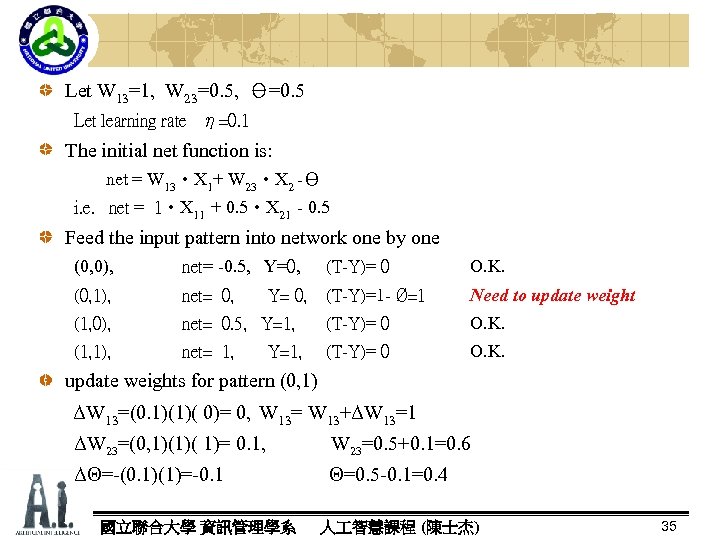 Let W 13=1, W 23=0. 5, Θ=0. 5 Let learning rate η=0. 1 The