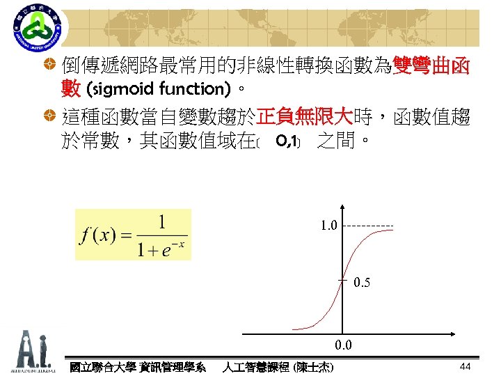 倒傳遞網路最常用的非線性轉換函數為雙彎曲函 數 (sigmoid function)。 這種函數當自變數趨於正負無限大時，函數值趨 正負無限大 於常數，其函數值域在﹝ 0, 1﹞ 之間。 1. 0 0. 5