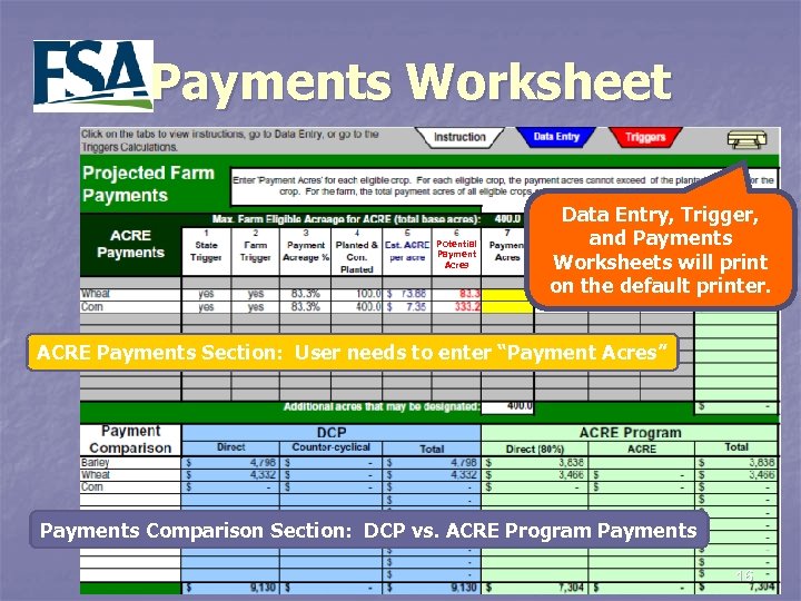 Payments Worksheet Potential Payment Acres Data Entry, Trigger, and Payments Worksheets will print on