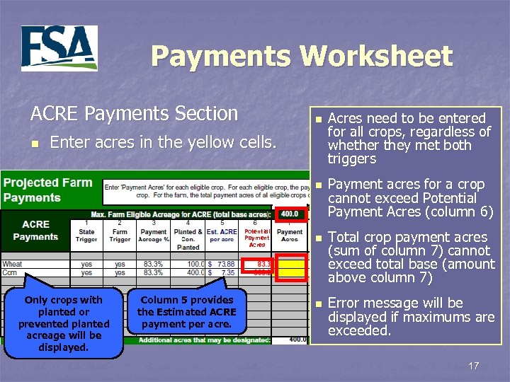 Payments Worksheet ACRE Payments Section n n Enter acres in the yellow cells. n