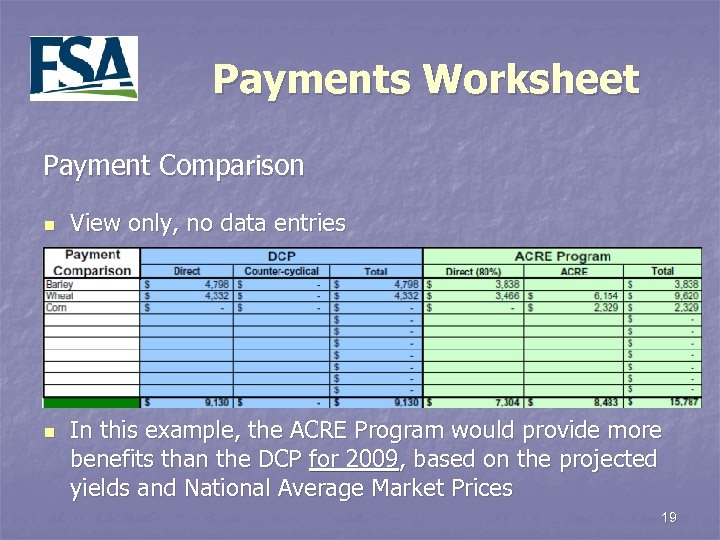 Payments Worksheet Payment Comparison n n View only, no data entries In this example,