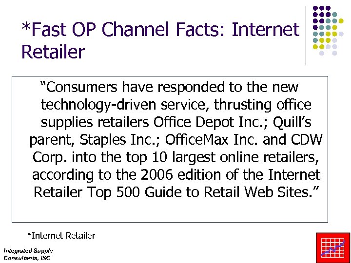 *Fast OP Channel Facts: Internet Retailer “Consumers have responded to the new technology-driven service,