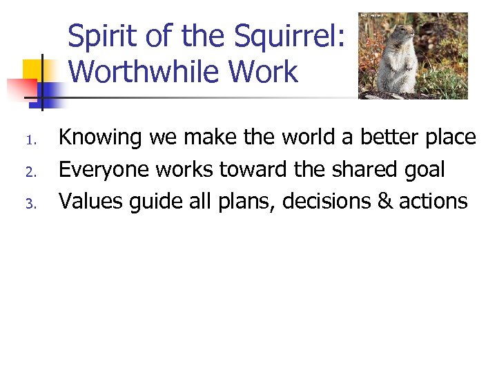 Spirit of the Squirrel: Worthwhile Work 1. 2. 3. Knowing we make the world