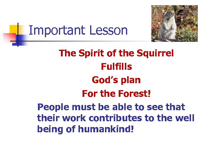 Important Lesson The Spirit of the Squirrel Fulfills God’s plan For the Forest! People