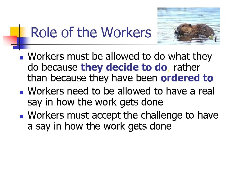 Role of the Workers n n n Workers must be allowed to do what