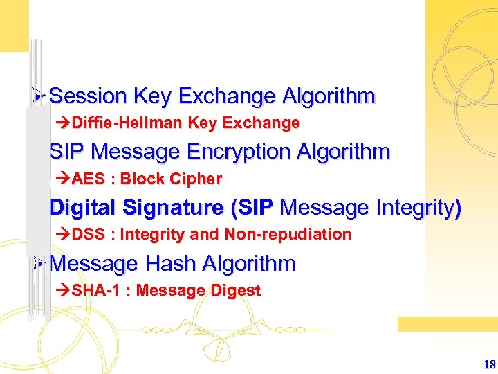 Ø Session Key Exchange Algorithm Diffie-Hellman Key Exchange Ø SIP Message Encryption Algorithm AES
