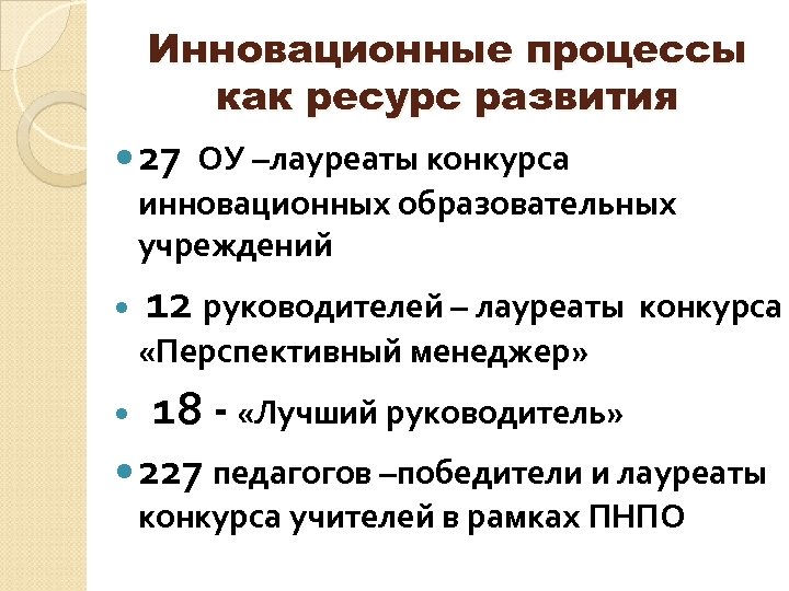 Инновационные процессы как ресурс развития 27 ОУ –лауреаты конкурса инновационных образовательных учреждений 12 руководителей