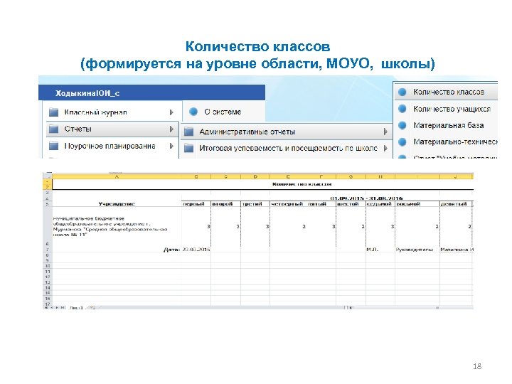 Количество классов (формируется на уровне области, МОУО, школы) 18 