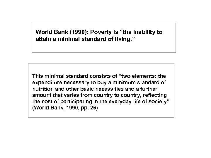  World Bank (1990): Poverty is “the inability to attain a minimal standard of