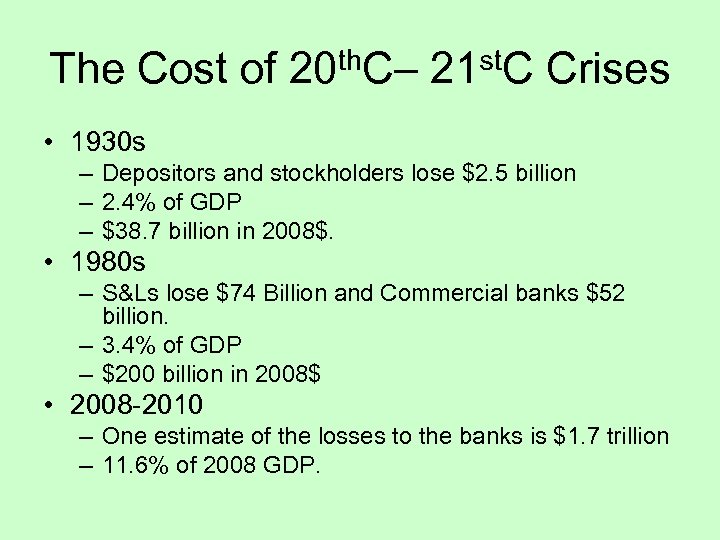 The Cost of 20 th. C– 21 st. C Crises • 1930 s –