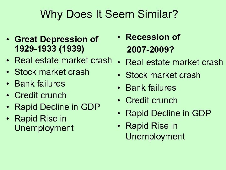 Why Does It Seem Similar? • Great Depression of 1929 -1933 (1939) • Real