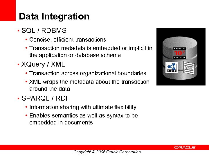 Data Integration • SQL / RDBMS • Concise, efficient transactions • Transaction metadata is