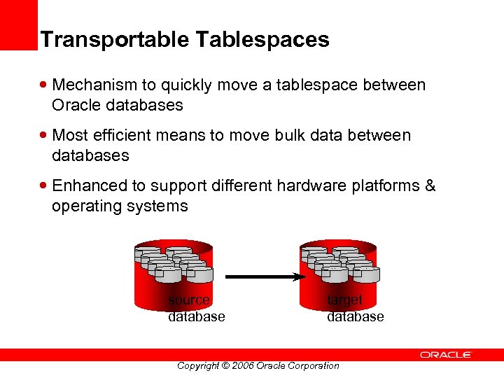 Transportable Tablespaces Mechanism to quickly move a tablespace between Oracle databases Most efficient means