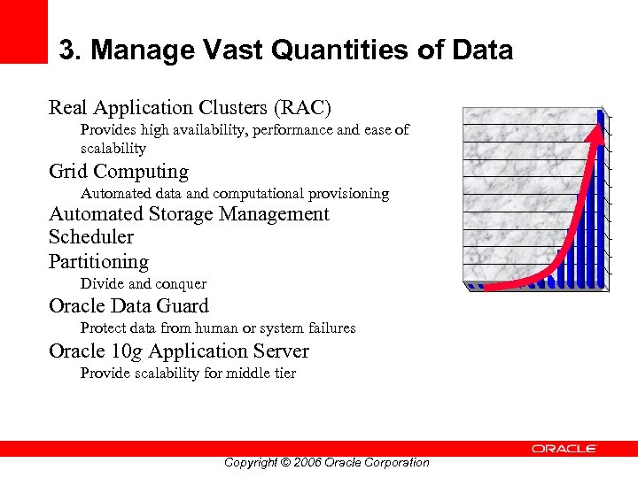 3. Manage Vast Quantities of Data Real Application Clusters (RAC) Provides high availability, performance