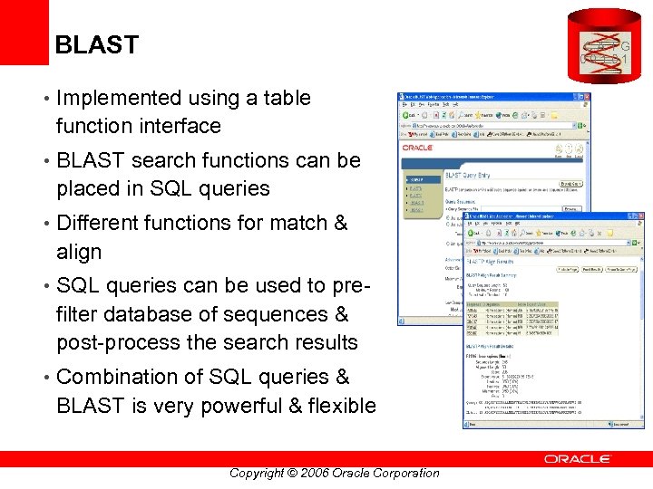 BLAST CATG 00101 • Implemented using a table function interface • BLAST search functions
